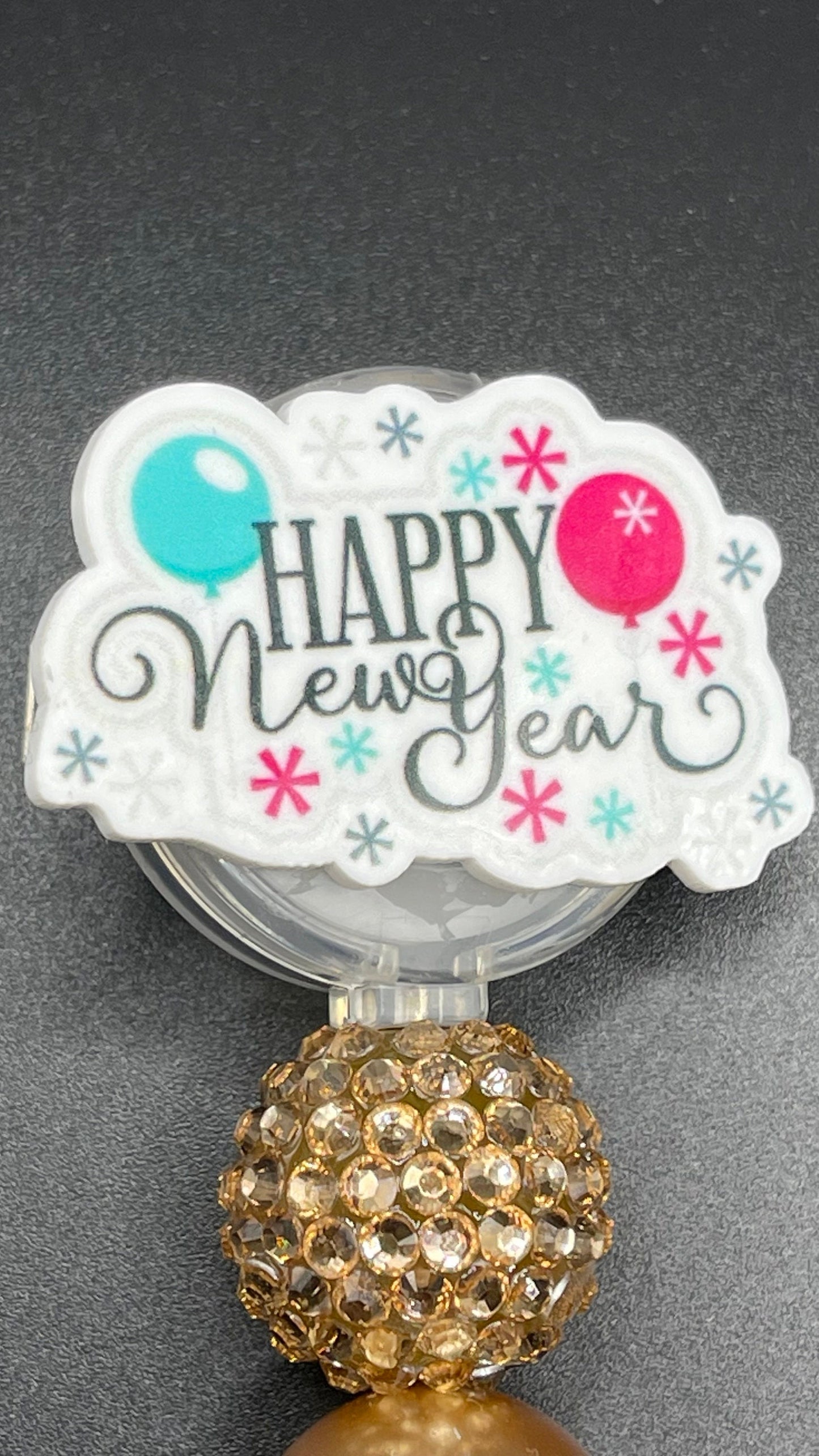 New Years beaded Festive Badge Reel is cute and unique! Retractable with an alligator clip
