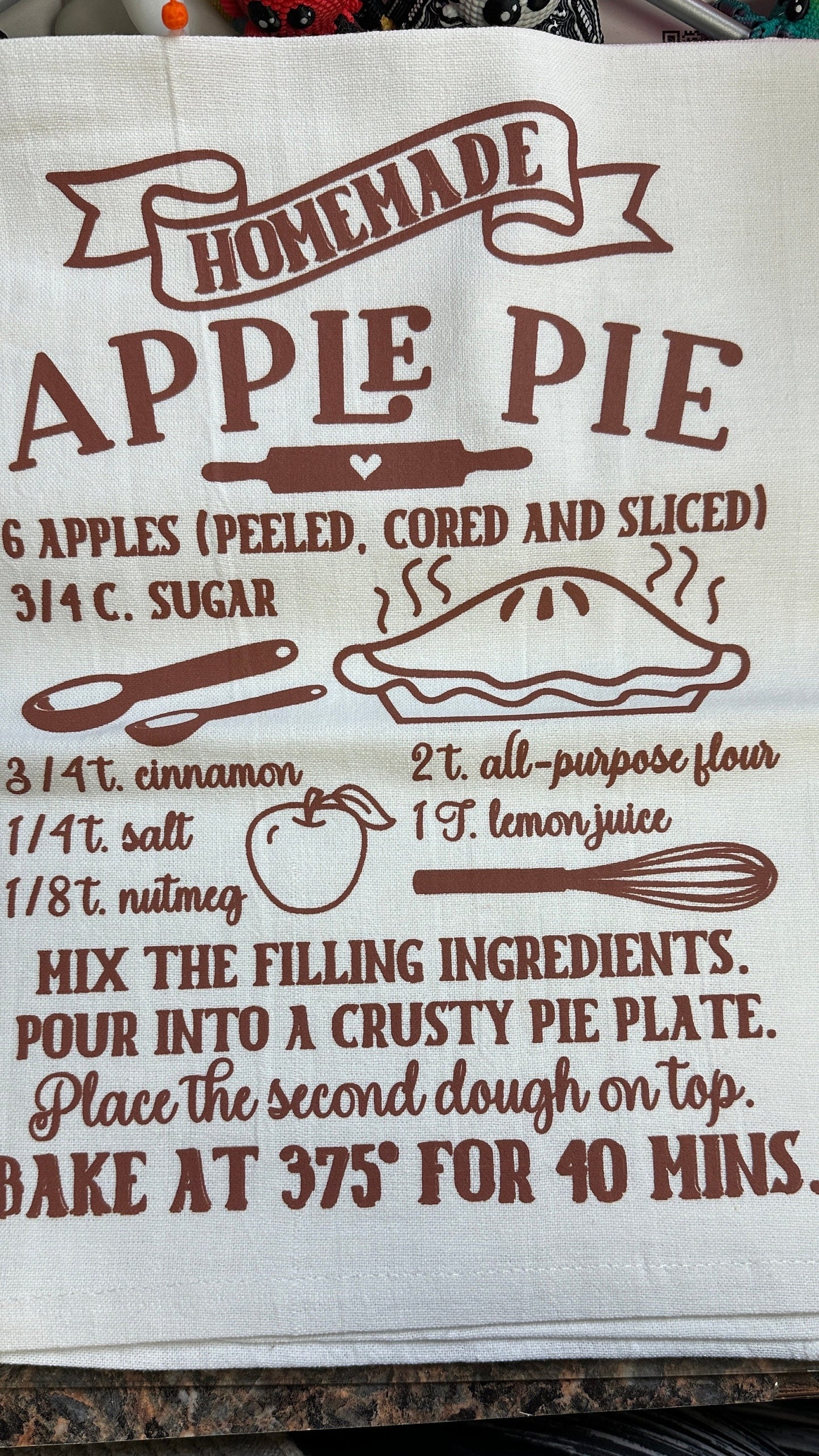 Homemade Apple Pie Recipe Tea Towel, Perfect Hostess gift! Great for people hosting their first holiday meal