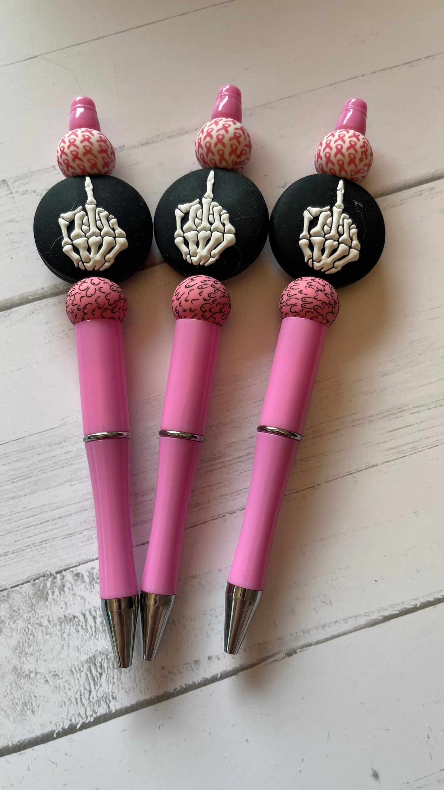 Skeleton middle finger pen, breast cancer, boobie pen