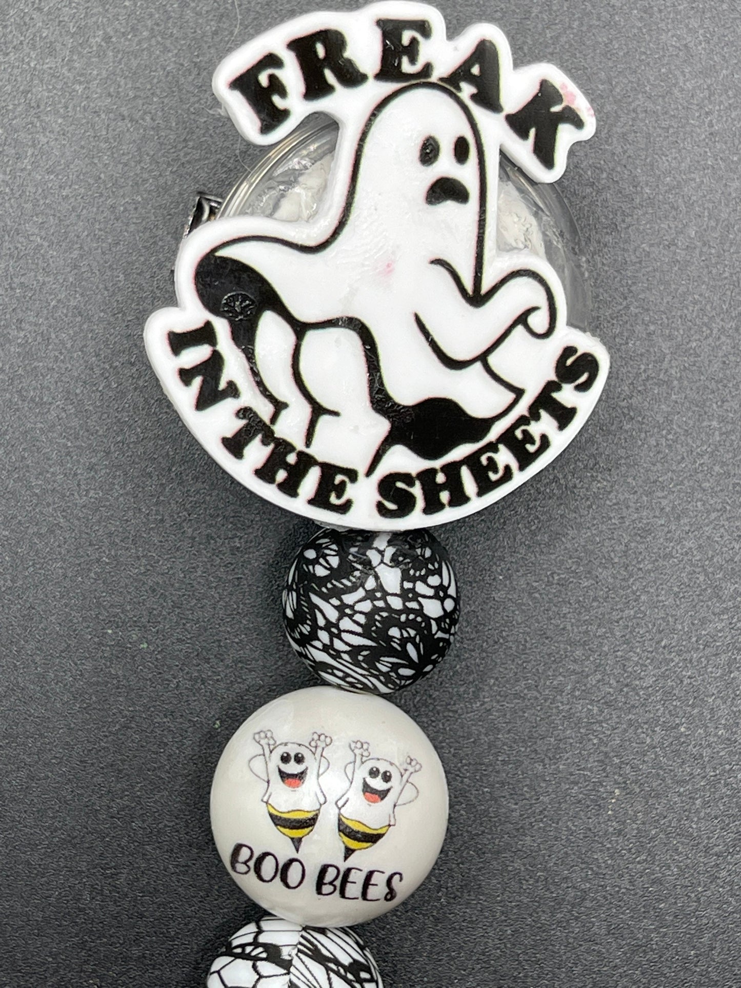 Freak in the sheets Ghost, boobies beaded badge reel. Nurse badge, teacher badge