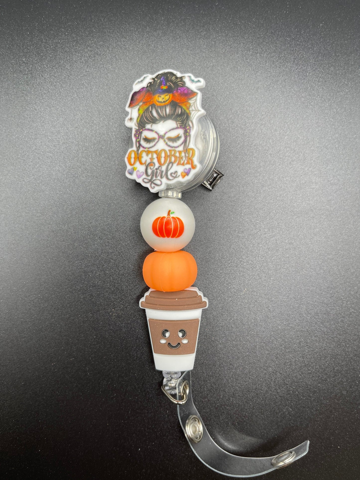 October girl, pumpkin girl, pumpkin spice beaded badge reel. Nurse badge, teacher badge