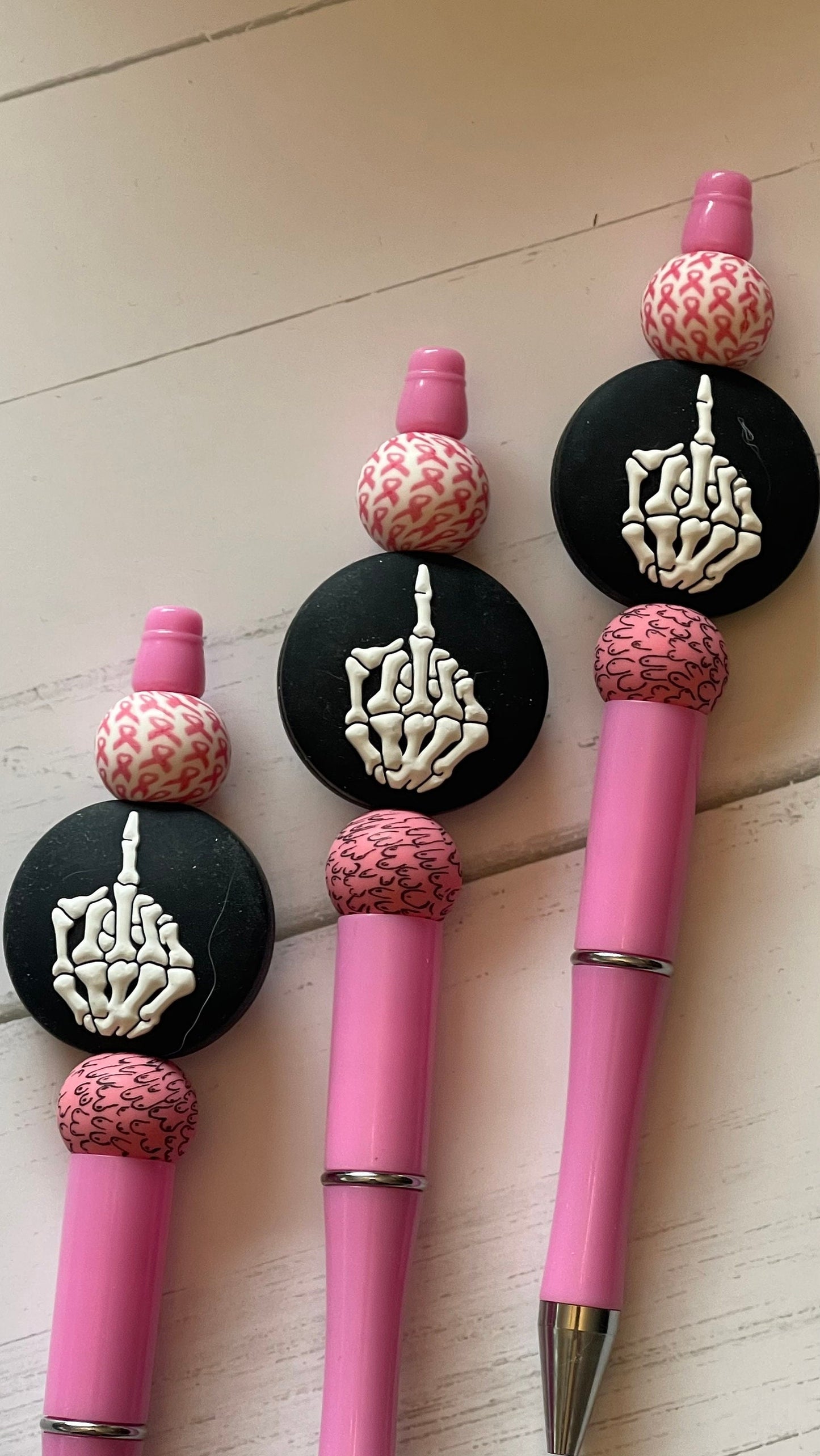 Skeleton middle finger pen, breast cancer, boobie pen