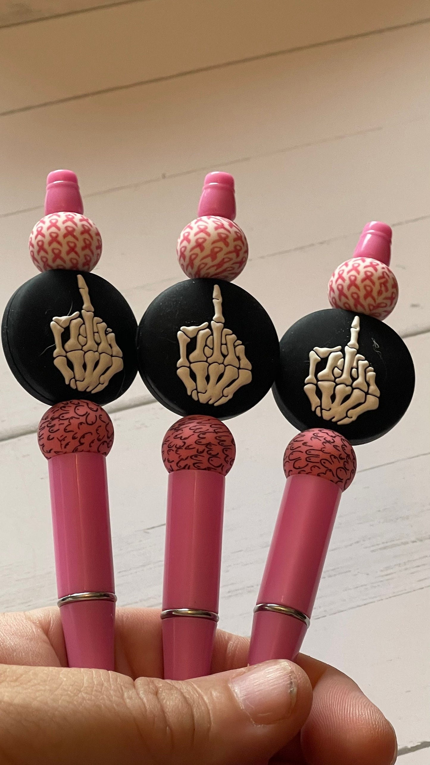 Skeleton middle finger pen, breast cancer, boobie pen