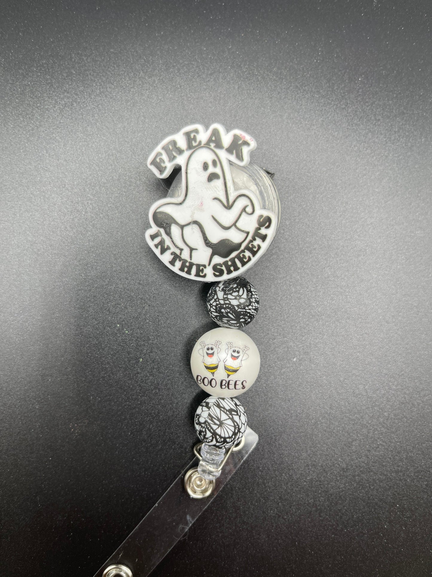 Freak in the sheets Ghost, boobies beaded badge reel. Nurse badge, teacher badge