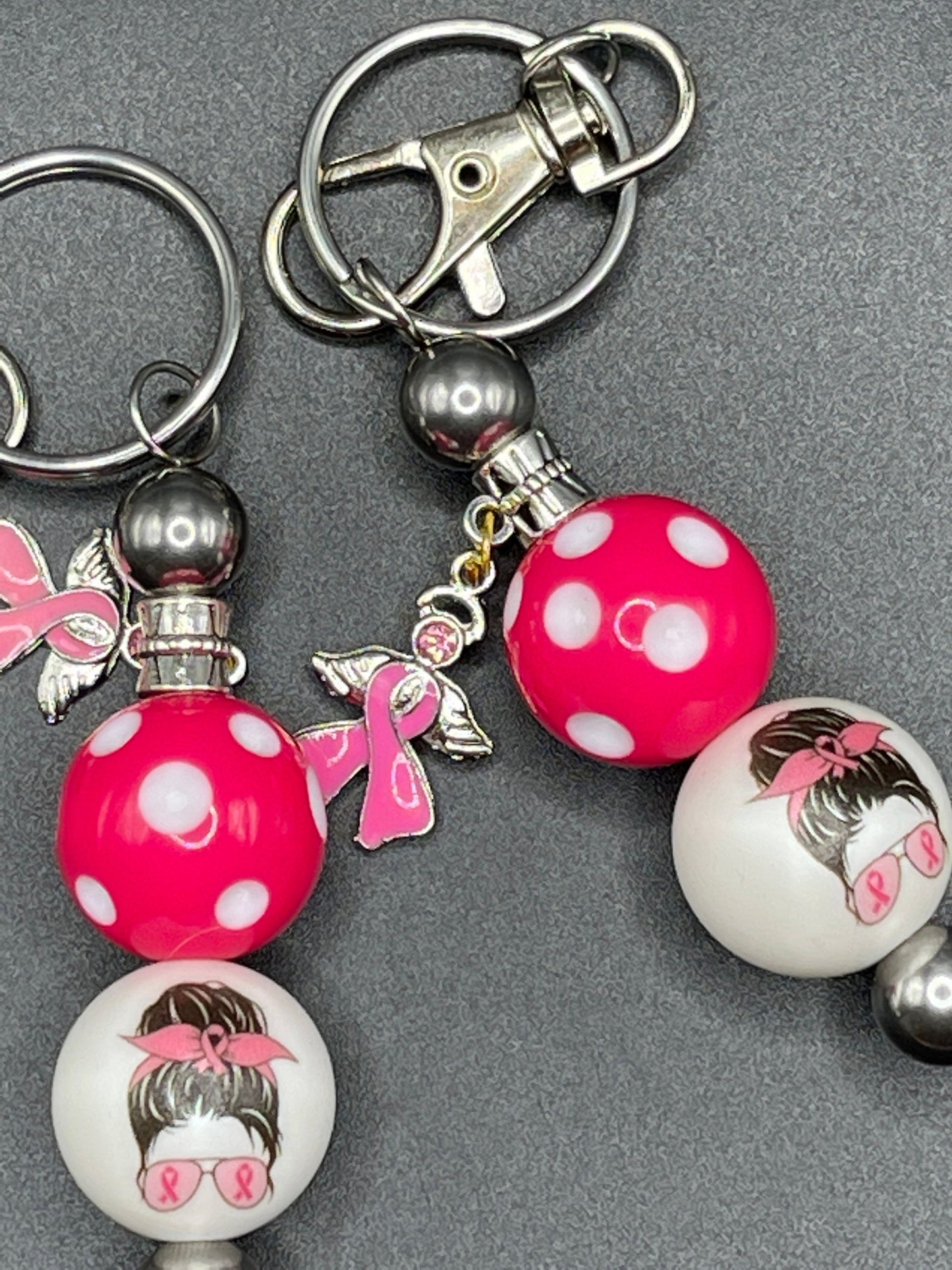 Breast cancer keychain or zipper pull. Also can put on purses or backpacks or any bag!