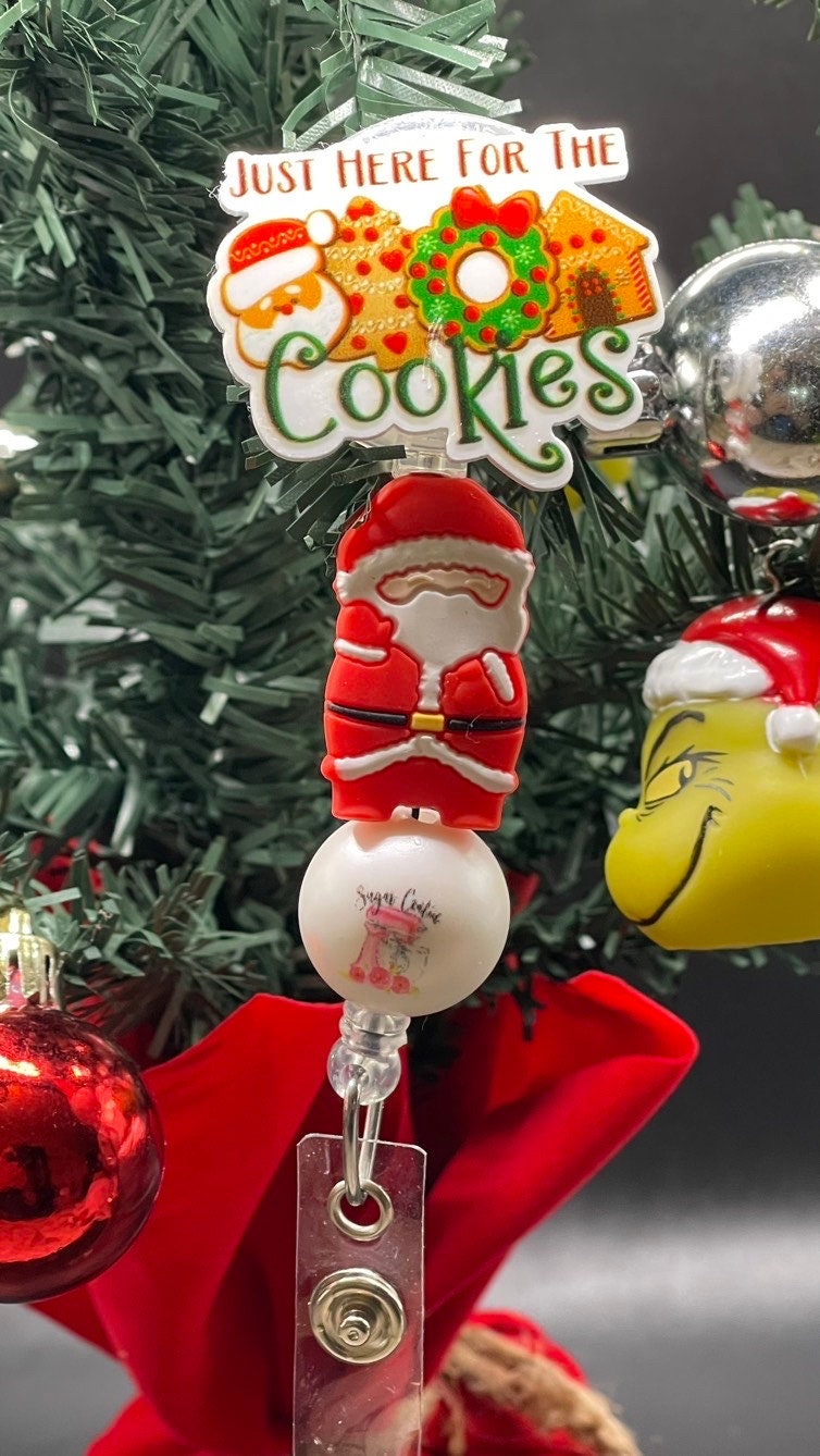 Christmas, Just here for the cookies badge reel. Retractable with an alligator clip