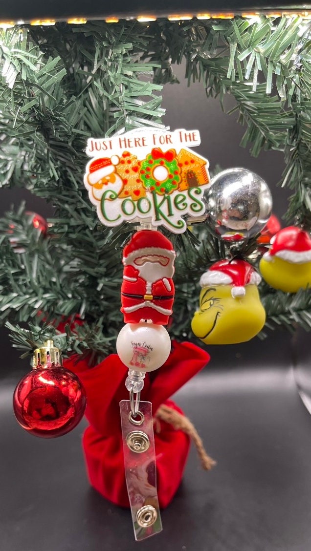 Christmas, Just here for the cookies badge reel. Retractable with an alligator clip