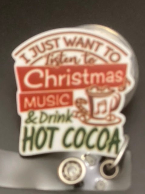 Festive Badge Reel is cute and unique! Christmas music and hot cocoa badge reel. Retractable with an alligator clip