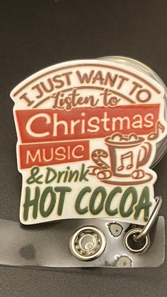 Festive Badge Reel is cute and unique! Christmas music and hot cocoa badge reel. Retractable with an alligator clip