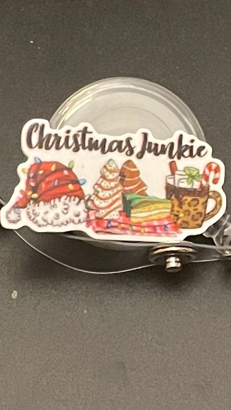 Festive Badge Reel is cute and unique! Christmas junkie badge reel. Retractable with an alligator clip