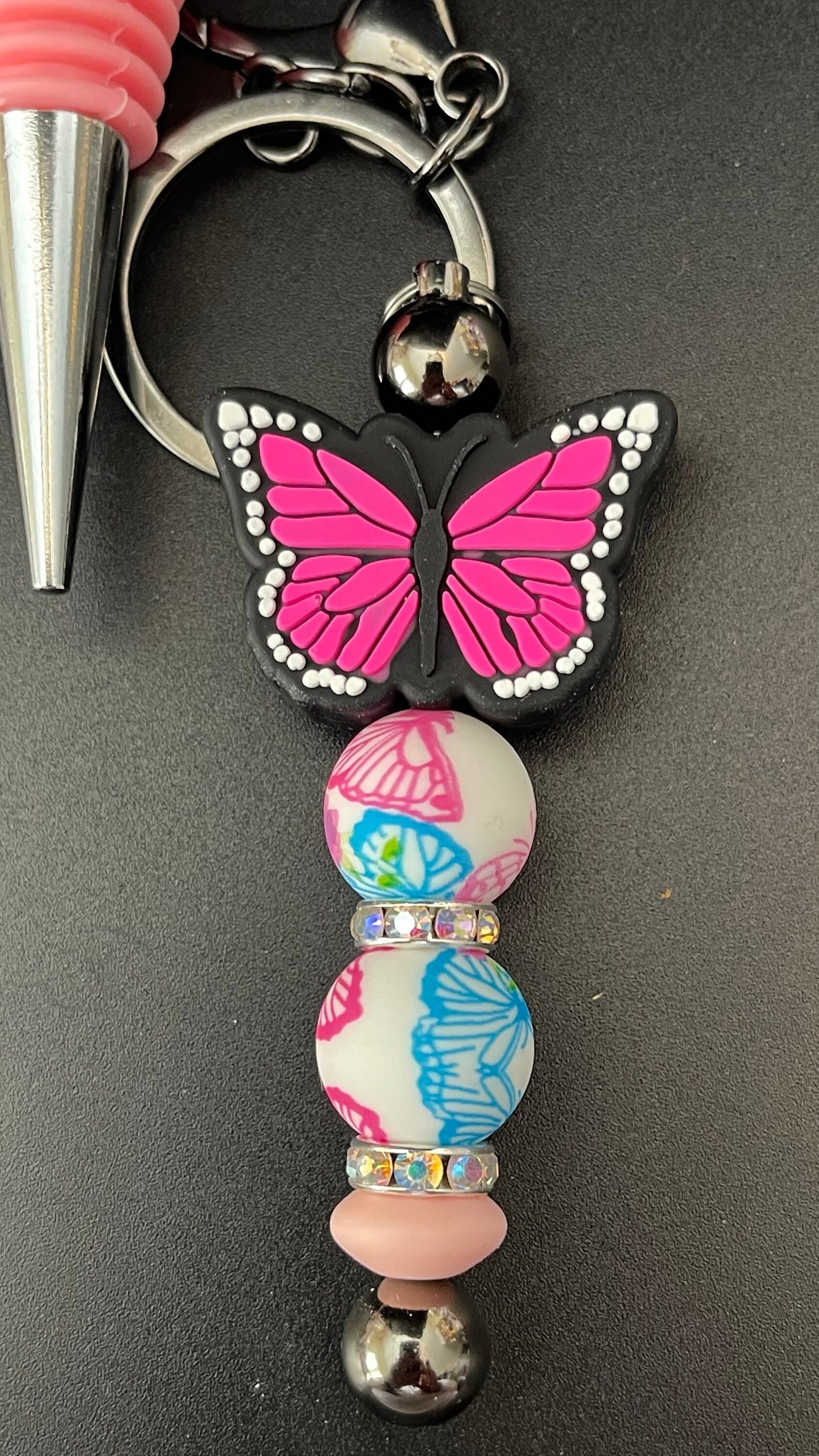 Pink Monarch silicone butterfly gift set. Wine opener and closer, pen and keychain