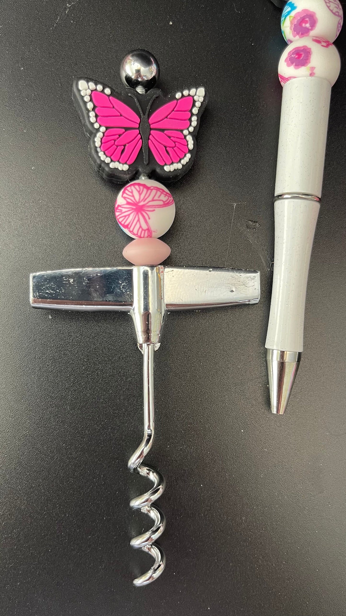 Pink Monarch silicone butterfly gift set. Wine opener and closer, pen and keychain