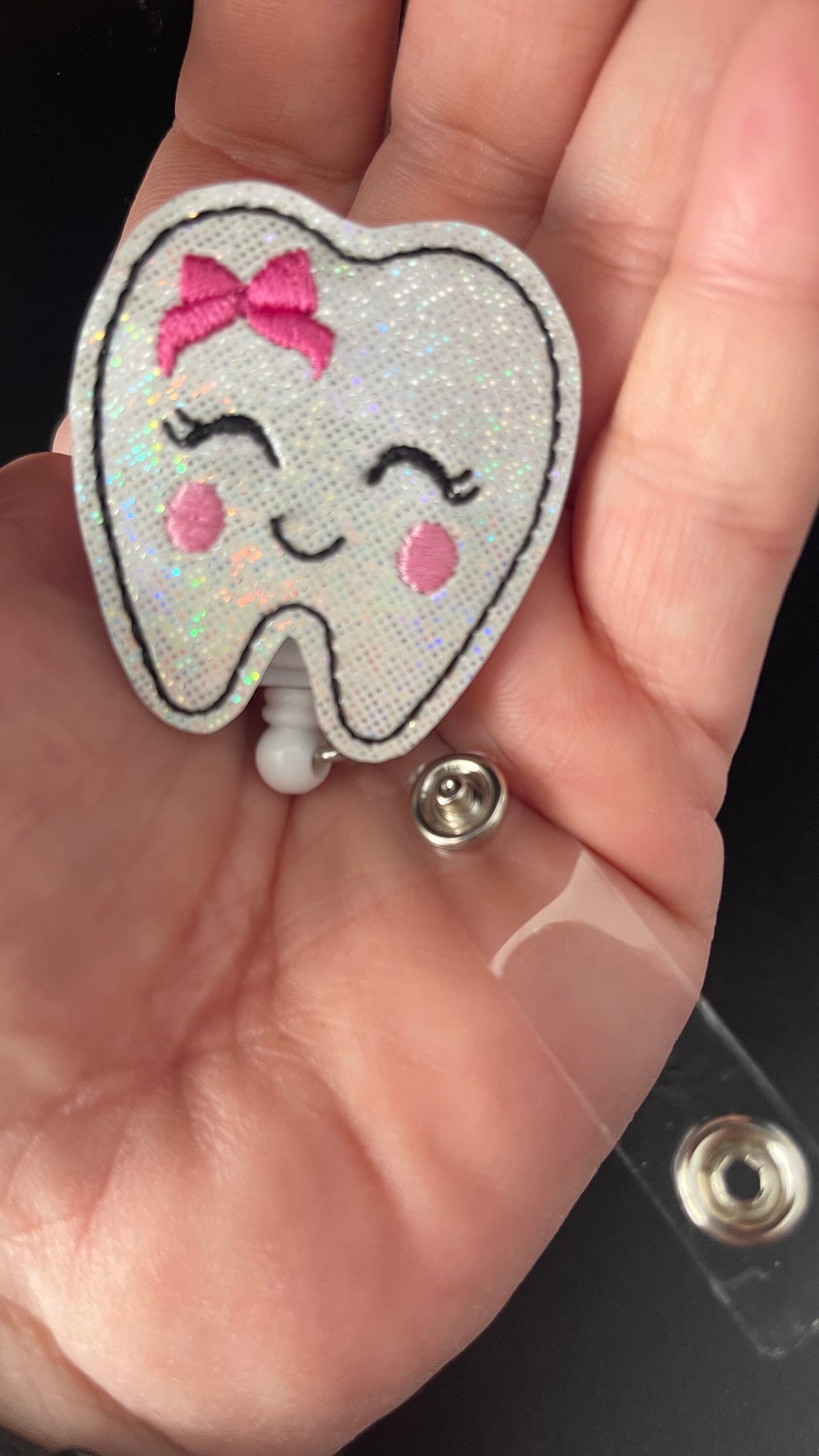 Glitter tooth badge reel, Fathers Day, Mothers Day. Dental office gift