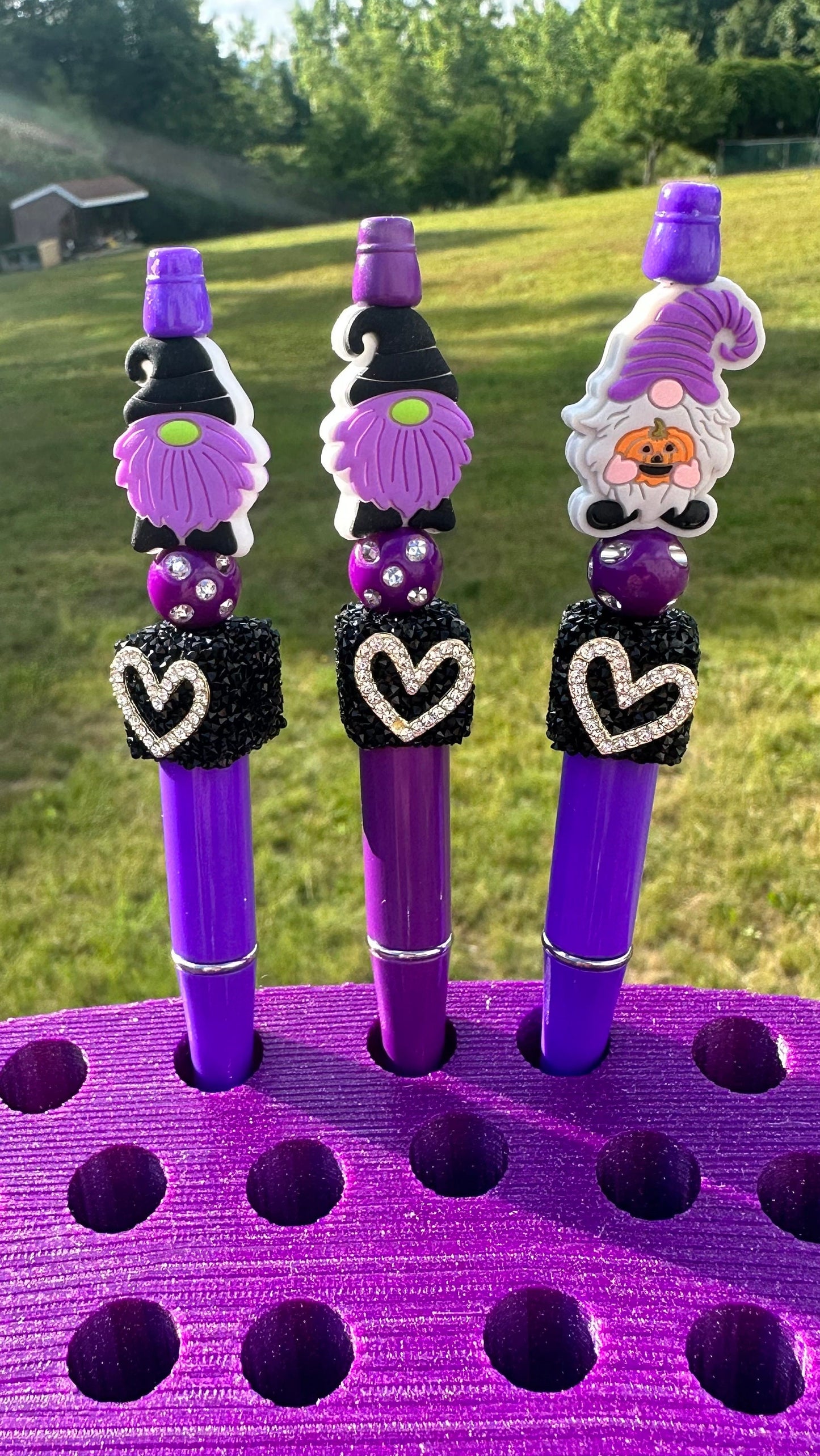 Purple Gnome with pumpkin beaded pen, journal pens.