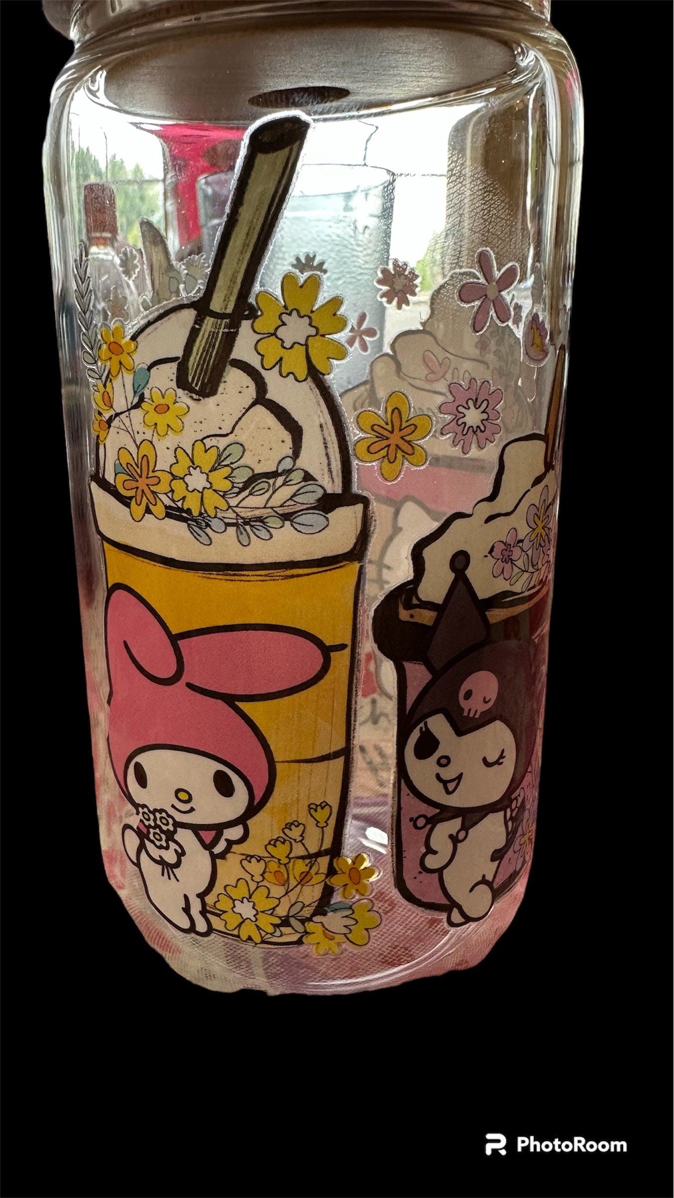 Personalized Sanrio  Glass Cup, Beer Can Glass with Lid & Straw, kawaii Can Glass, 16oz Glass Tumbler, Custom Tumbler, Aesthetic Glass