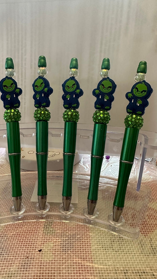 Grinch face beaded pen, secret Santa funny pens, journal pens.