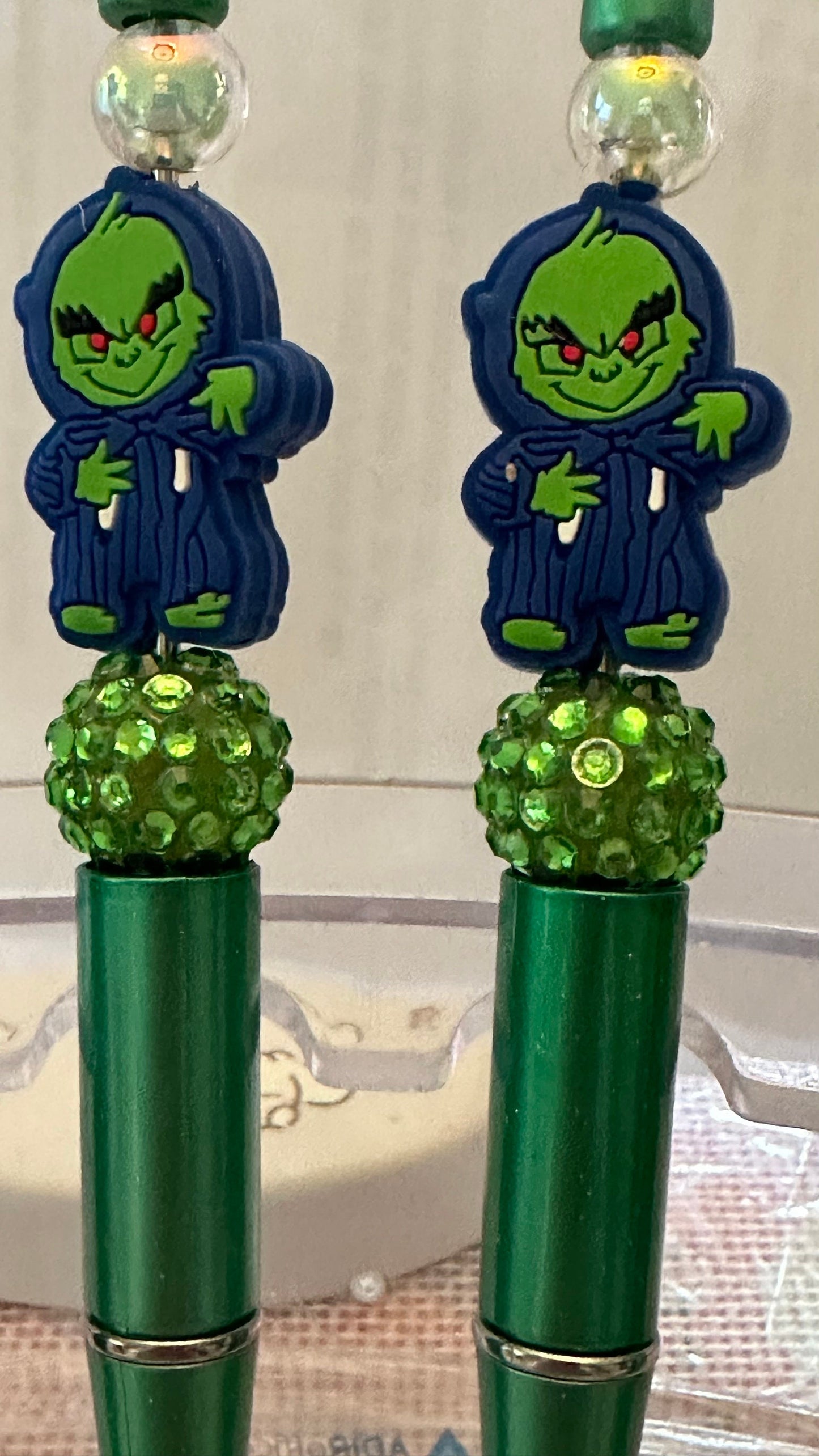 Grinch face beaded pen, secret Santa funny pens, journal pens.