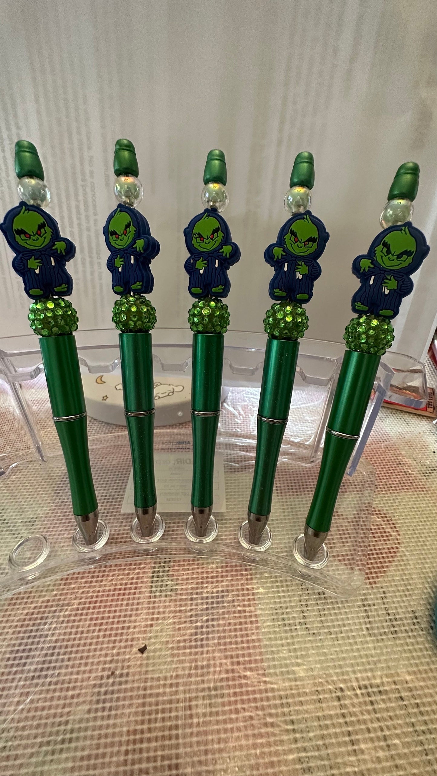 Grinch face beaded pen, secret Santa funny pens, journal pens.