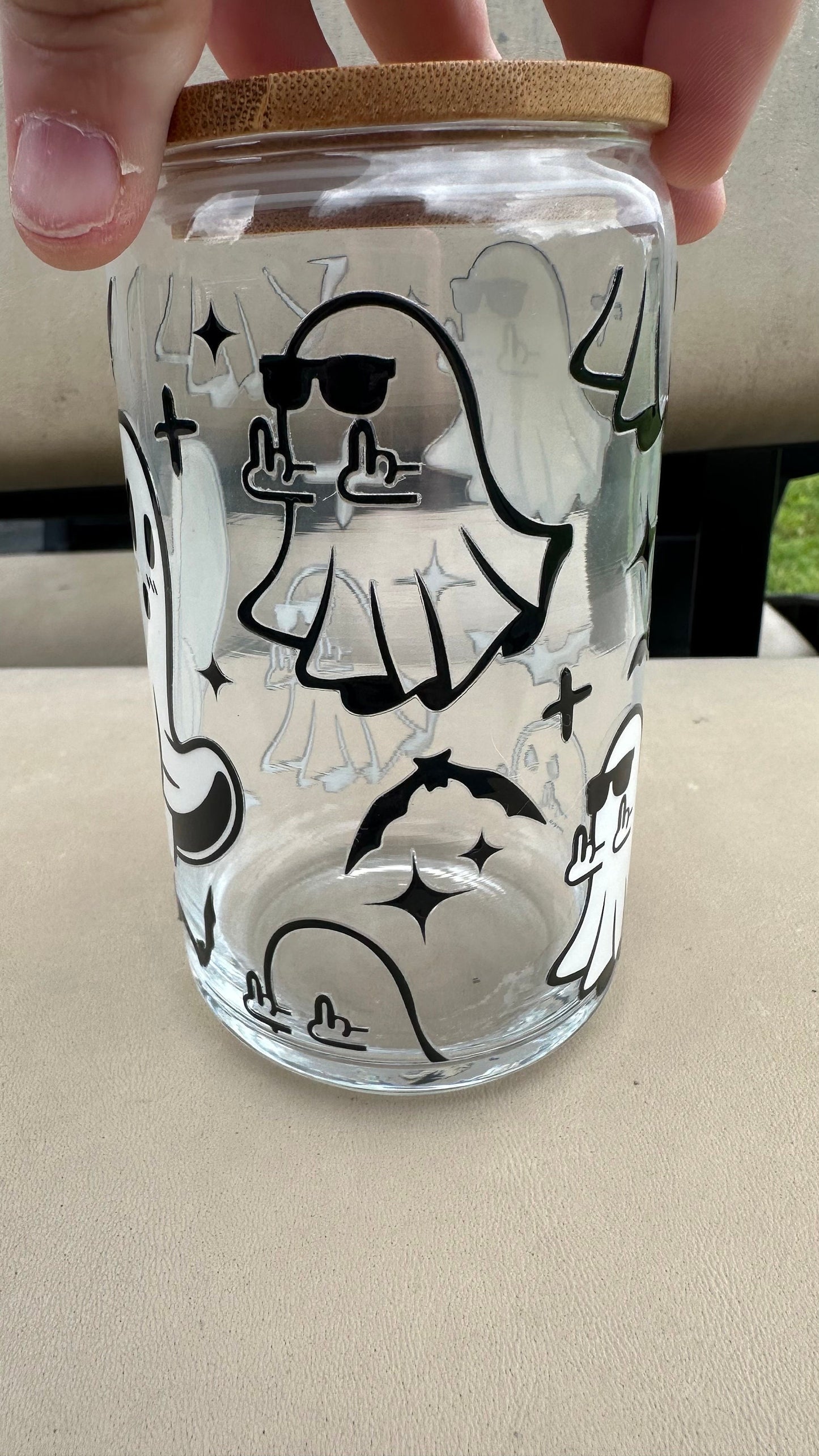 Sassy ghost Glass Can Cup, Iced Coffee Cup, Smoothie Glass, Cup for Iced Coffee, Cold Drink Cup, Reusable Plastic Straw and Bamboo Lid