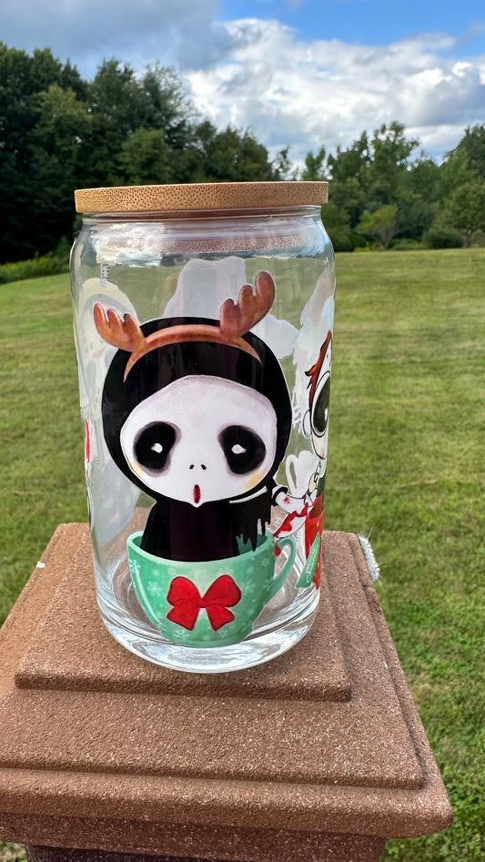 Horror guys Christmas glass Can Cup, Iced Coffee Cup, Smoothie Glass, Cup for Iced Coffee, Cold Drink Cup, Reusable Plastic Straw and Lid