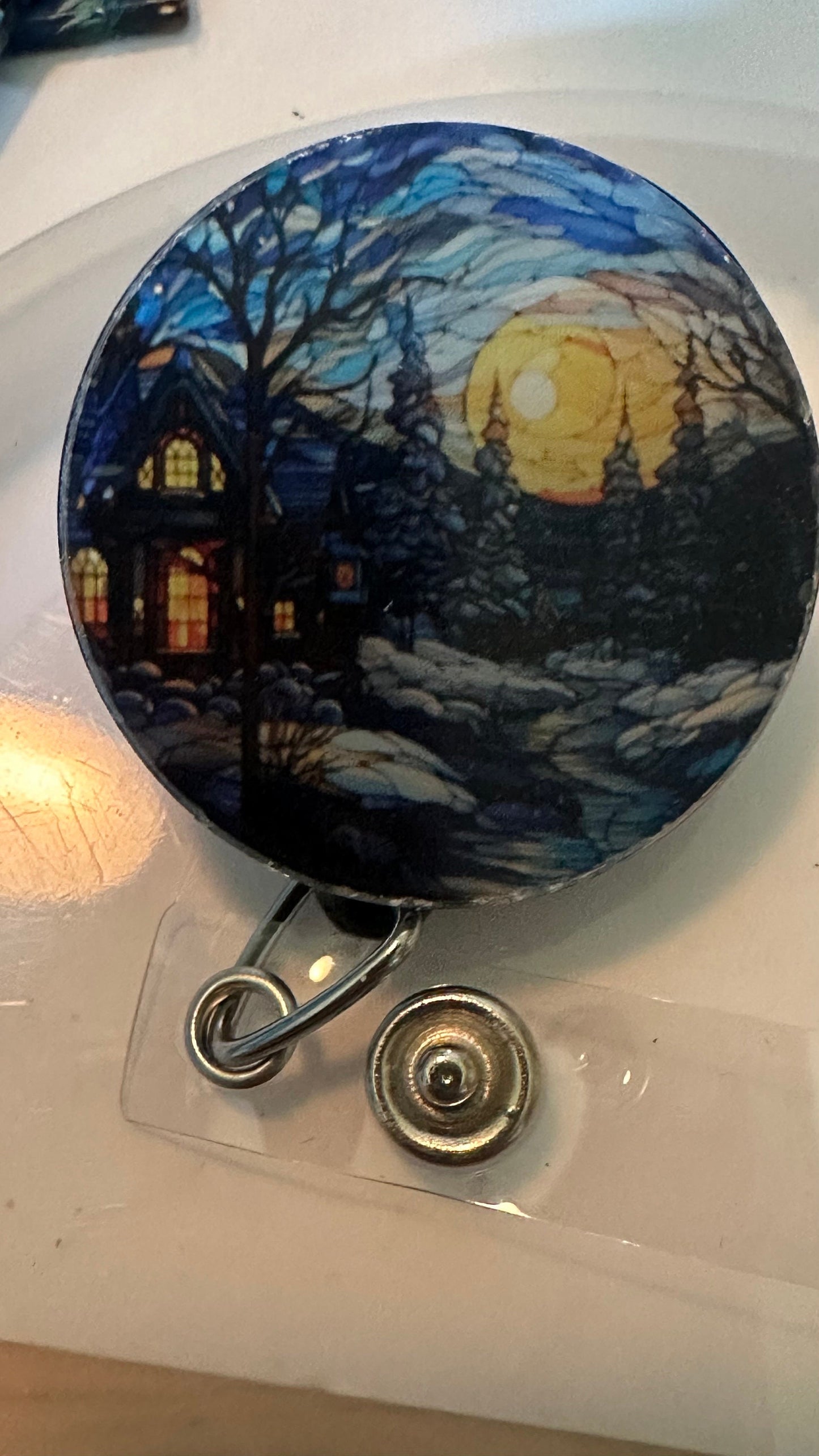 Stained Glass Christmas badge reel, Stained glass appearance