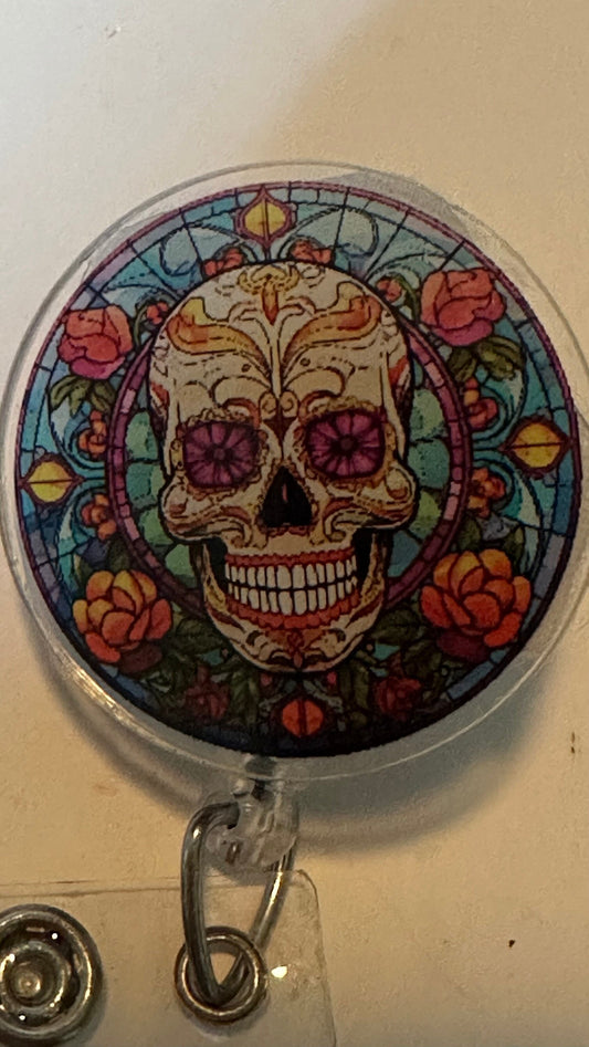 Day of the dead Skull badge reel, Stained glass appearance