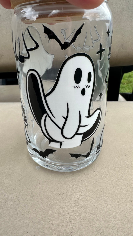 Sassy ghost Glass Can Cup, Iced Coffee Cup, Smoothie Glass, Cup for Iced Coffee, Cold Drink Cup, Reusable Plastic Straw and Bamboo Lid