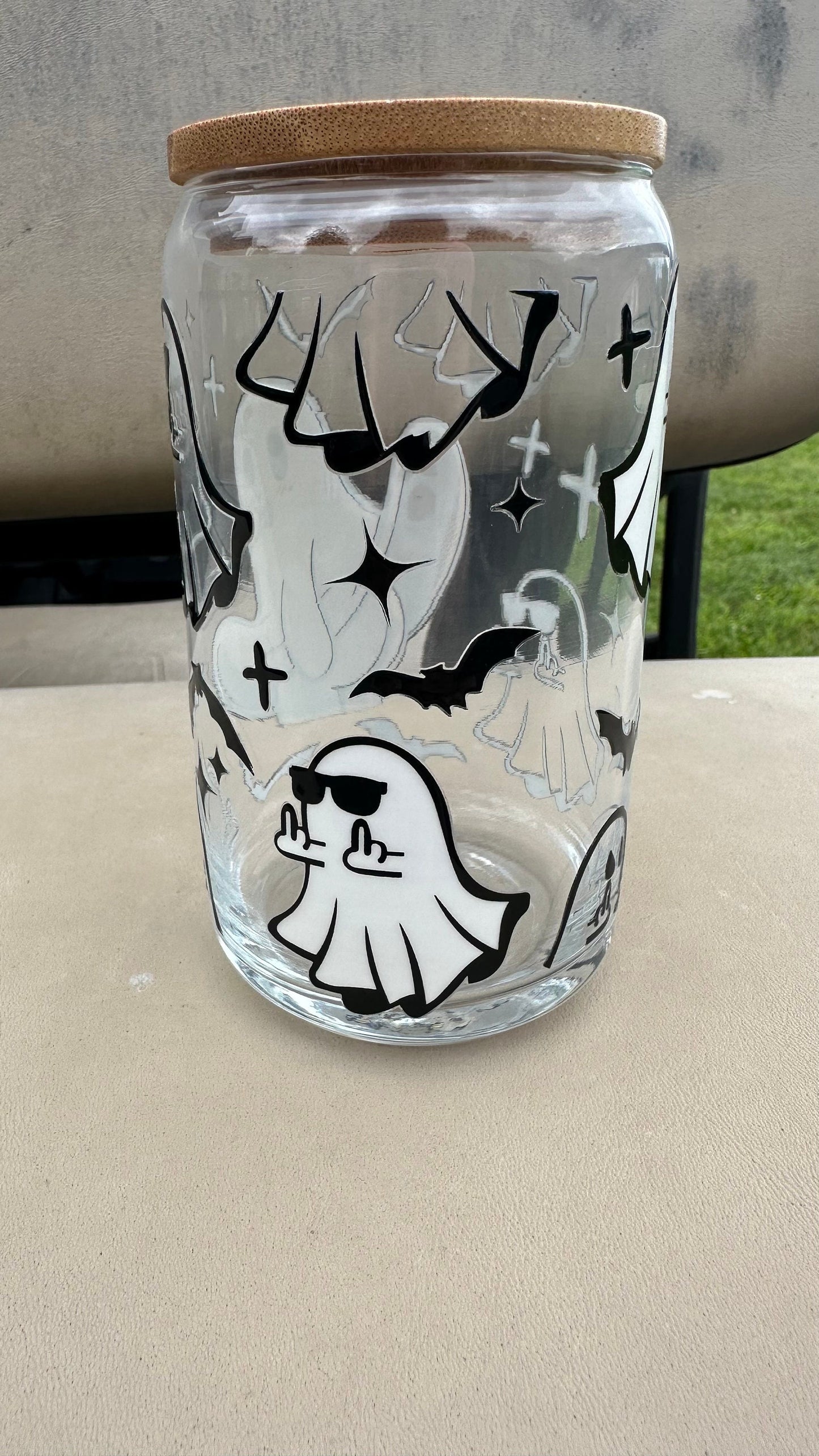 Sassy ghost Glass Can Cup, Iced Coffee Cup, Smoothie Glass, Cup for Iced Coffee, Cold Drink Cup, Reusable Plastic Straw and Bamboo Lid