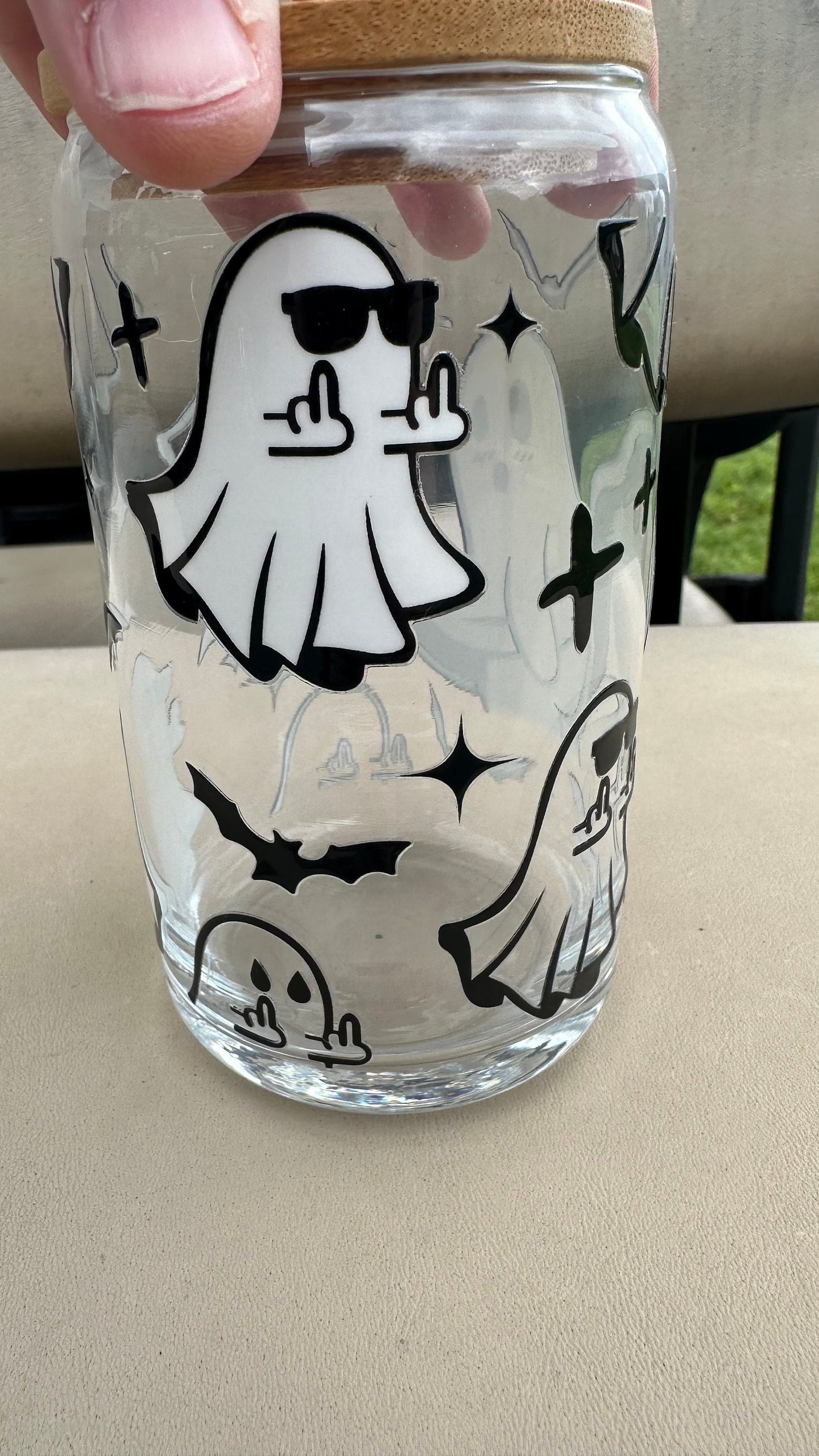 Sassy ghost Glass Can Cup, Iced Coffee Cup, Smoothie Glass, Cup for Iced Coffee, Cold Drink Cup, Reusable Plastic Straw and Bamboo Lid