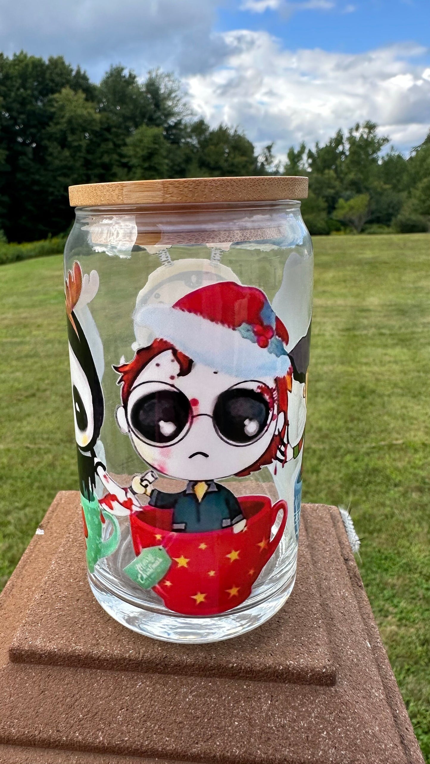 Horror guys Christmas glass Can Cup, Iced Coffee Cup, Smoothie Glass, Cup for Iced Coffee, Cold Drink Cup, Reusable Plastic Straw and Lid