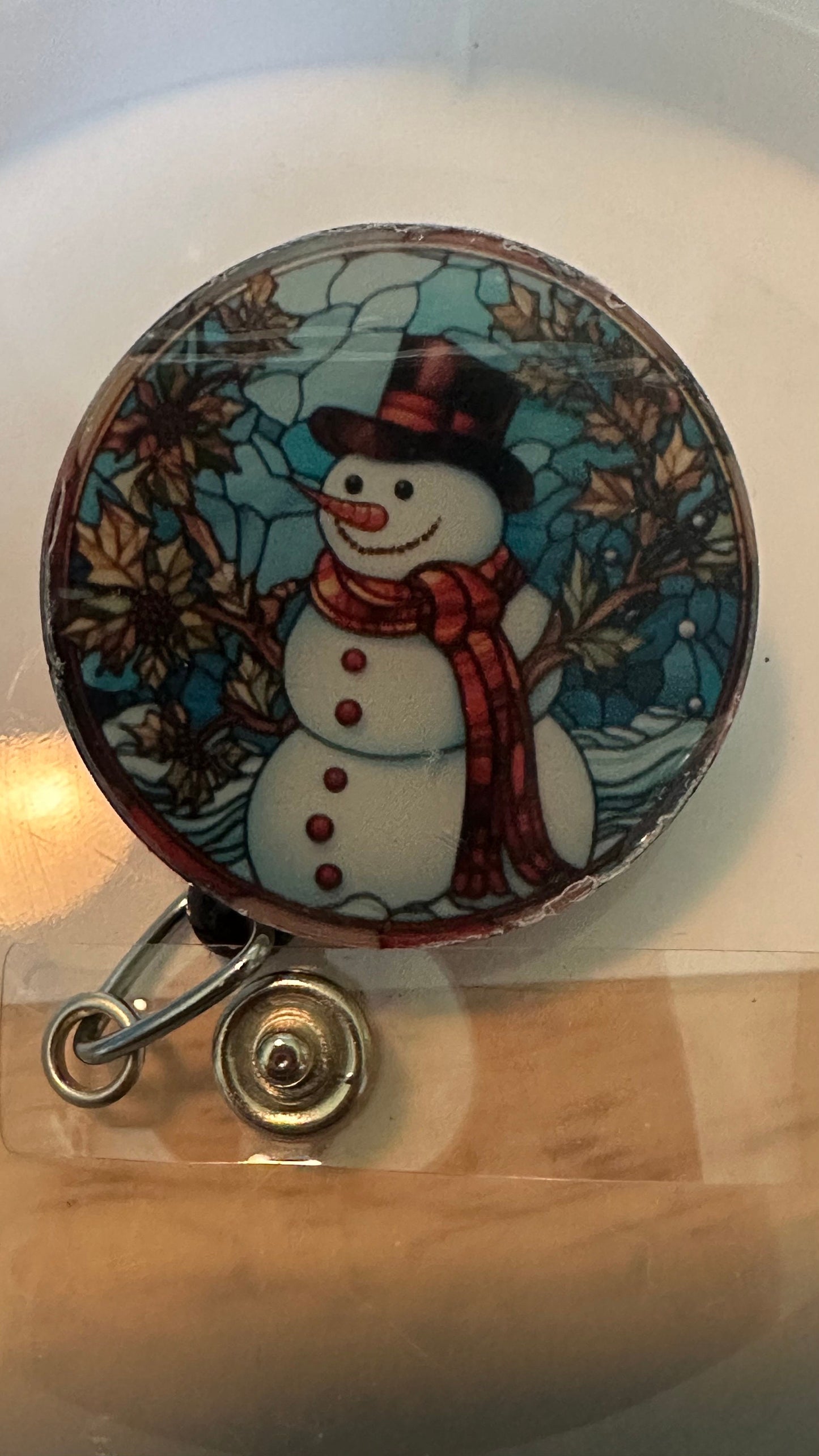 Stained Glass Christmas badge reel, Stained glass appearance