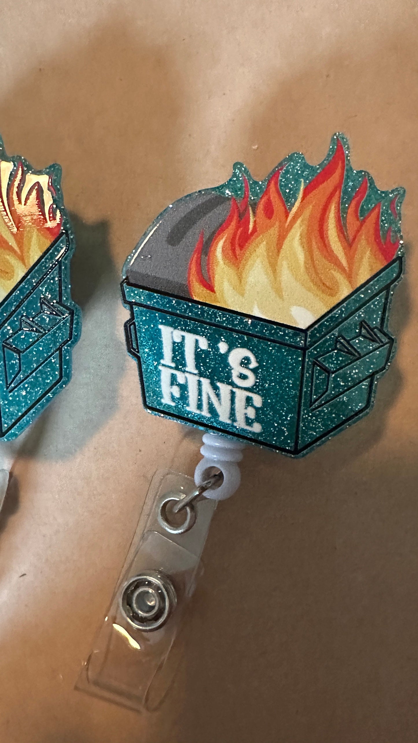 It’s fine badge reel, dumpster fire badge reel, glitter badge reel, funny badge reel, gift for nurse, cute badge reel