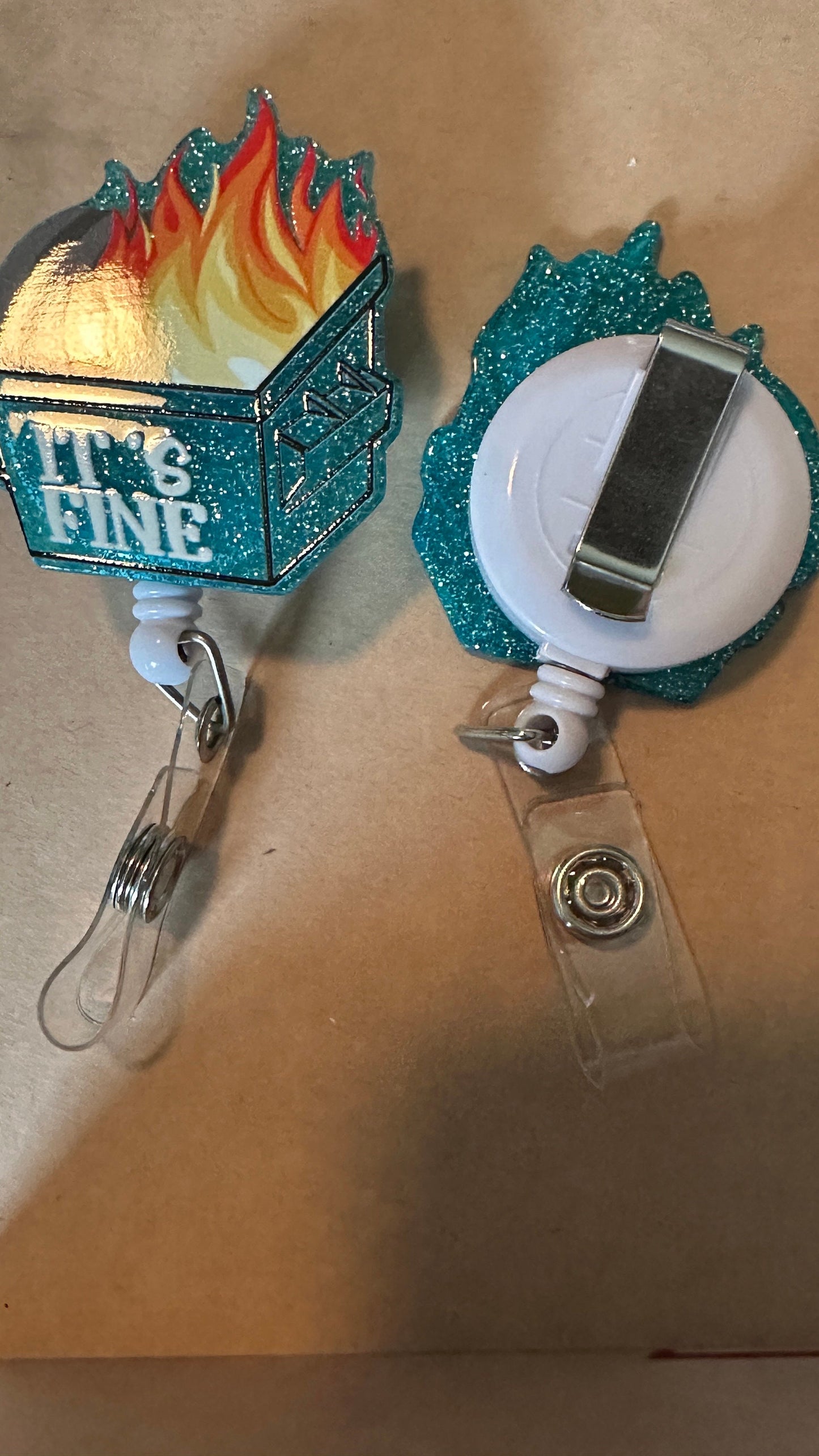 It’s fine badge reel, dumpster fire badge reel, glitter badge reel, funny badge reel, gift for nurse, cute badge reel