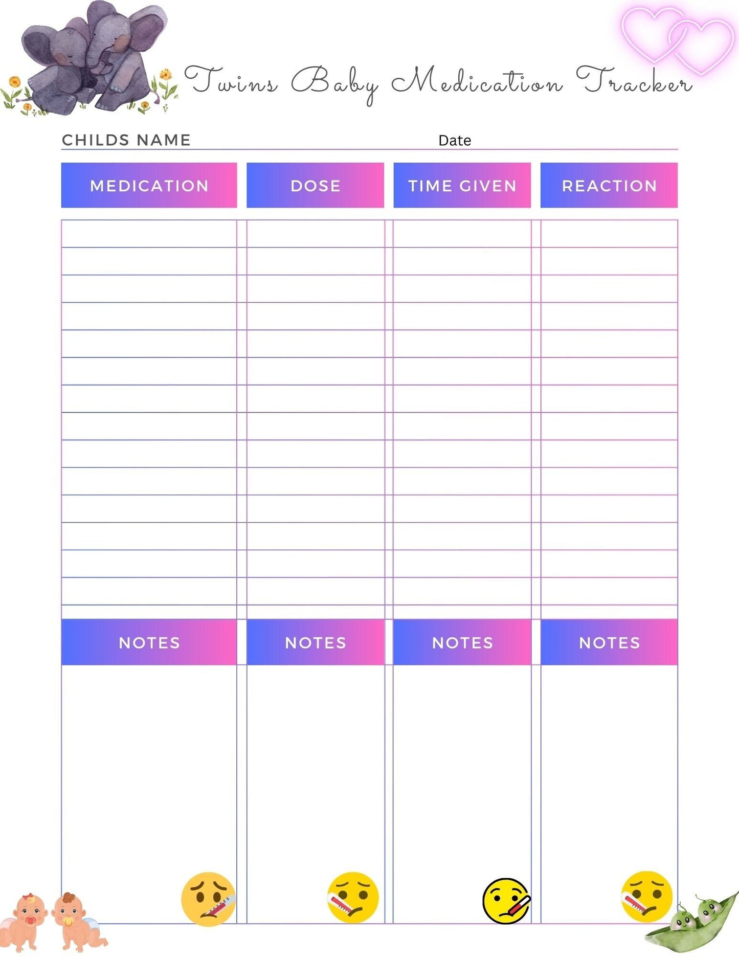 Twins Medication Tracker, Editable Medication Schedule | Printable Easy Medicine Chart | Medicine List | Digital PDF