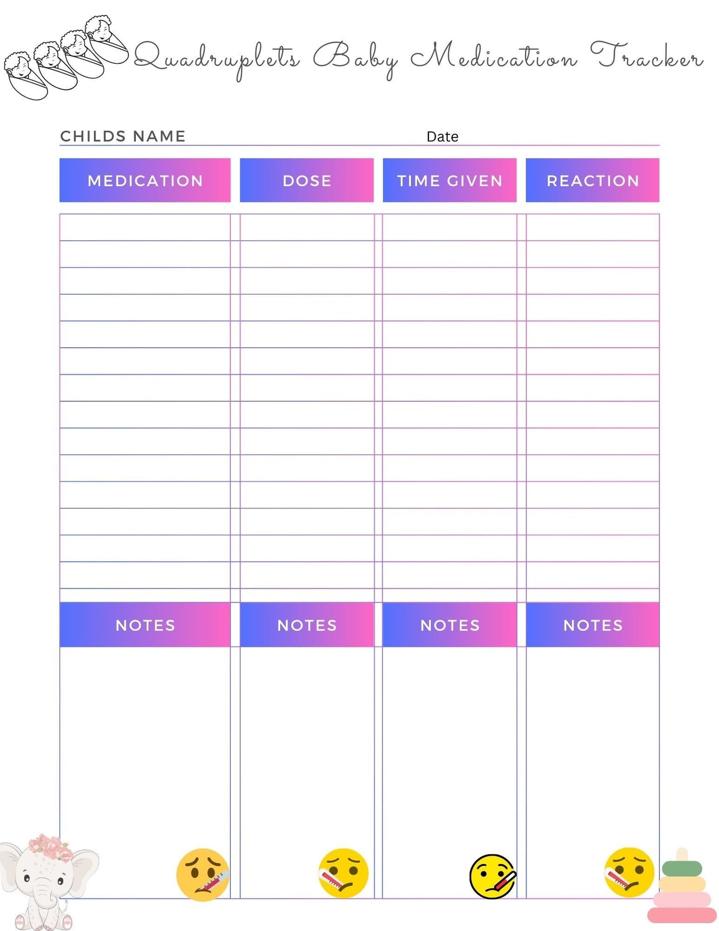 Quadruplets Medication Tracker, Editable Medication Schedule | Printable Easy Medicine Chart | Medicine List | Digital PDF