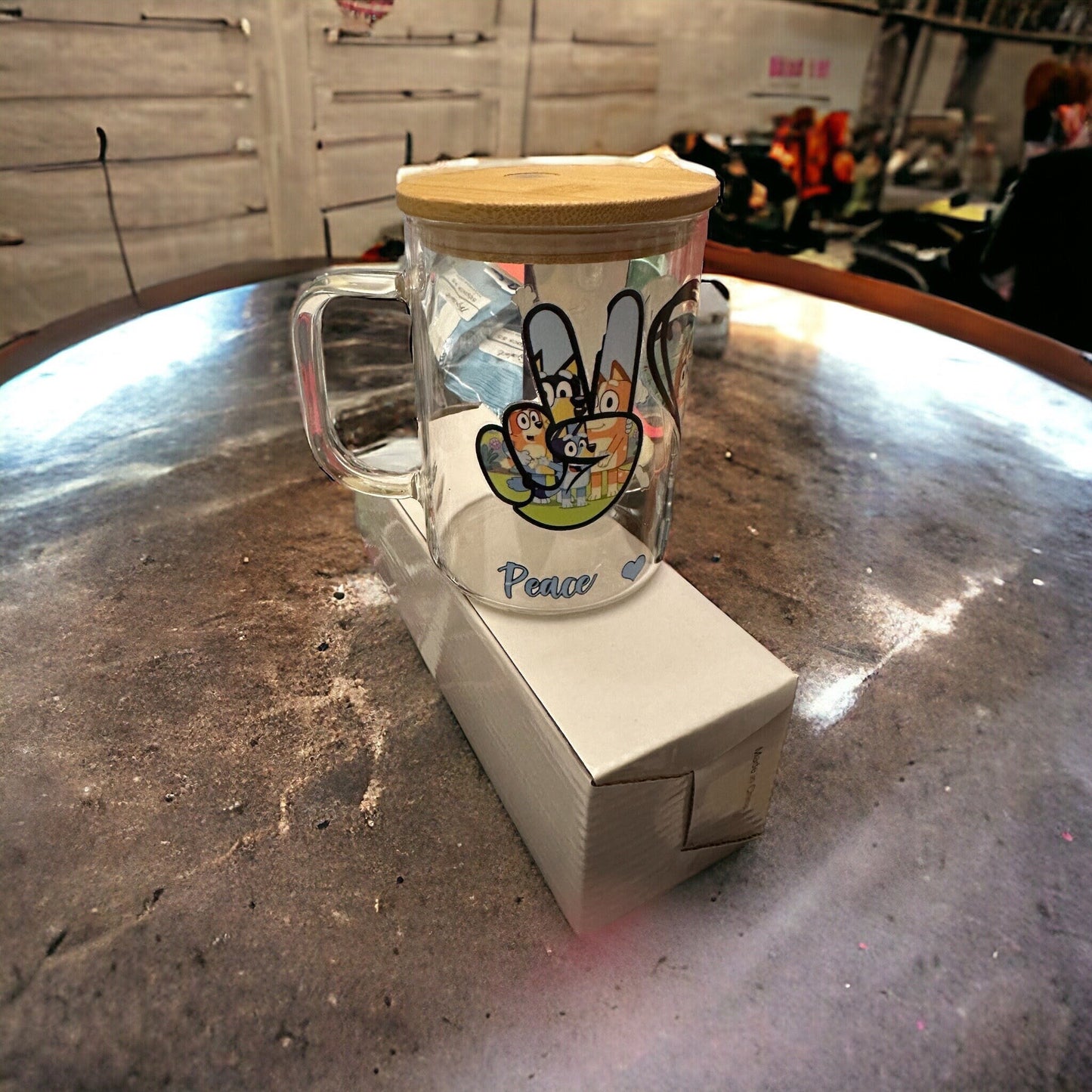 Bluey glass mug, Bluey Cup, Peace Love Bluey Cup, Bluey Coffee Cup, Bluey Kid Cup