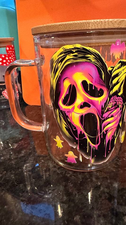 Ghost Face Horror Glass coffee mug with lid, custom mug, personalized glass mug,